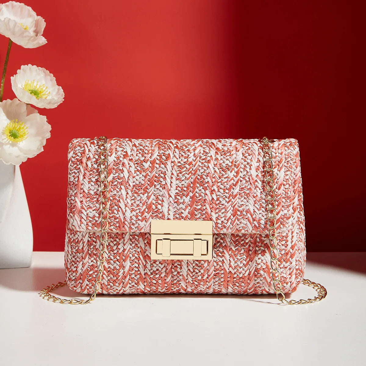 Borsa da donna in paglia lavorata a maglia in rattan a righe multicolori con borsa a catena Borse a tracolla da donna Borsa con patta dal design da viaggio