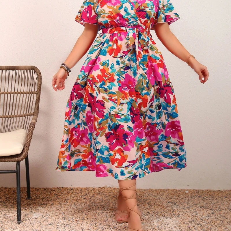 Abito Lungo Estivo Casual da Donna alla Moda, Elegante Vestito Maxi con Scollo a O, Stampa Floreale da Spiaggia, Manica Corta, Taglie Forti