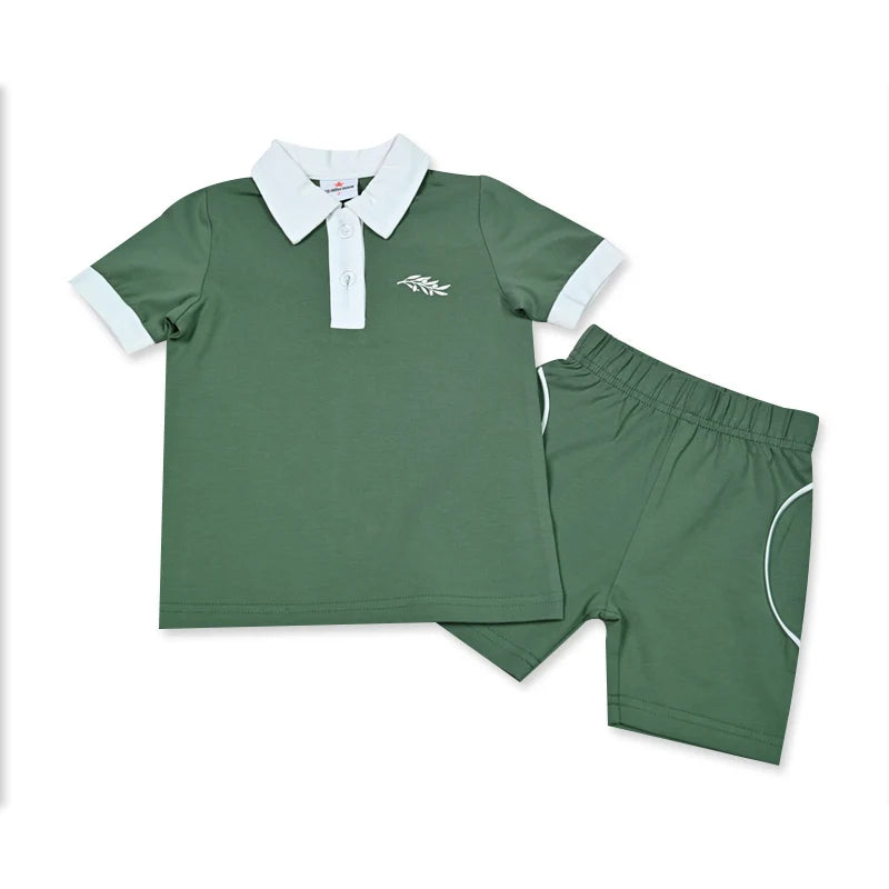 AA-SS26 Set Abito Shabbos Verde Beige Coordinato Famiglia Abbigliamento Bambini Vestiti con Fiocco Stampa Foglie d'Ulivo Set per Ragazzi Tutina per Neonati