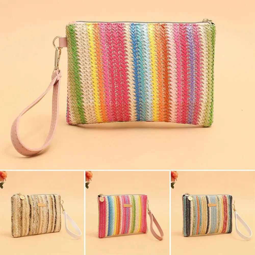Borsa Intrecciata in Paglia Colorata alla Moda, Stile Retrò Bohémien, Portamonete da Polso