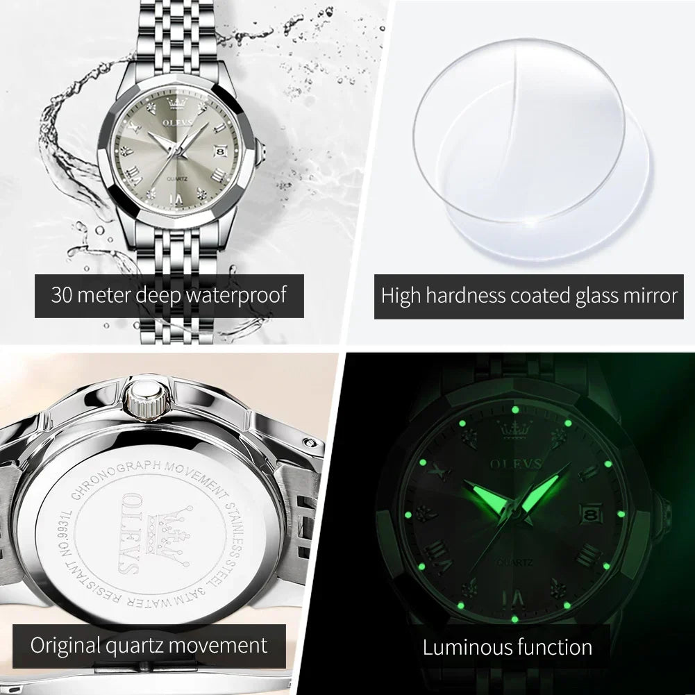 Womens Stainless Steel Quartz Watch Waterproof (Silver Grey)-1