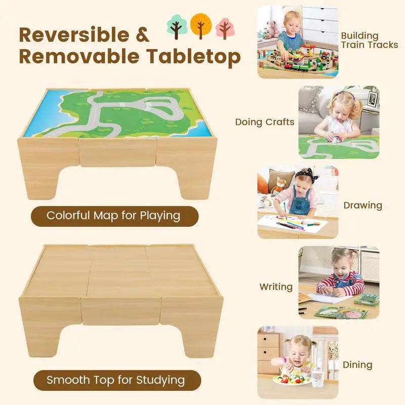 Set Trenino in Legno da 84 Pezzi con Tavolo Reversibile e Rimovibile