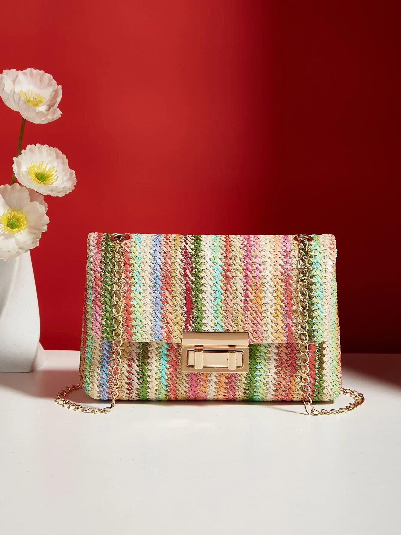 Borsa a mano con pochette in paglia a righe multicolori per donna Borsa a tracolla a tracolla con tracolla da spiaggia estiva in tessuto casual in pelle PU