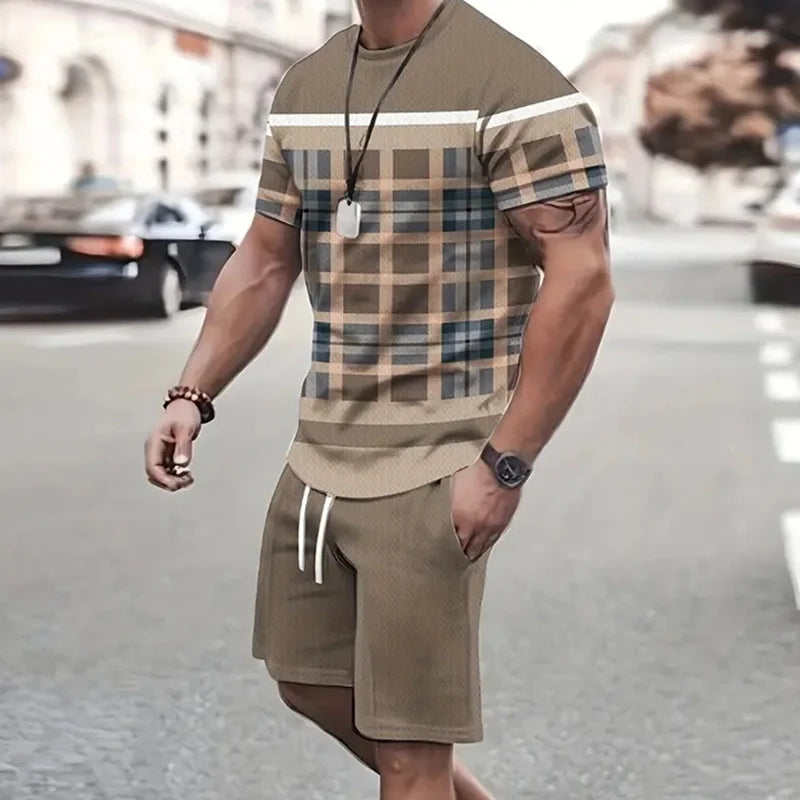 2024 Estate Outdoor Sportswear Uomo Patchwork Stampato Pantaloncini a maniche corte Moda casual Due set Sudore assorbente e confortevole