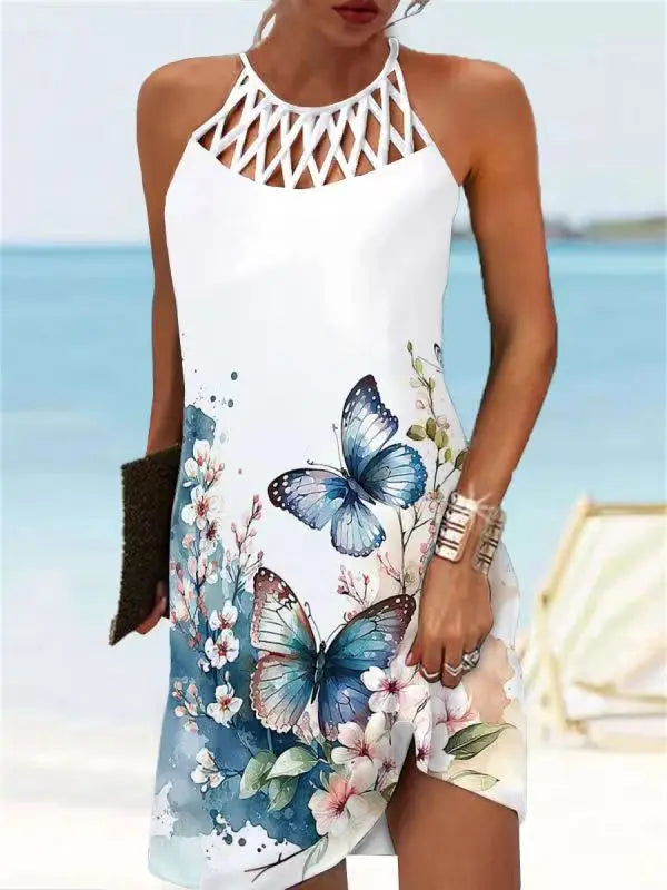 Abito Boho sexy per donna Mini abito da spiaggia Abito alla moda Donna Estate senza maniche Hollow Elegante abito da festa Stampa Vestido 2023