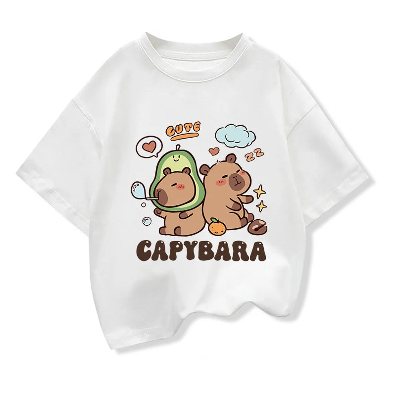 2025 Nuovi bambini Camicie Capibara Stampato Cartoon T Shirt per le ragazze Estate Stampa animale Ragazzo T Shirt Top Tees Abbigliamento per bambini