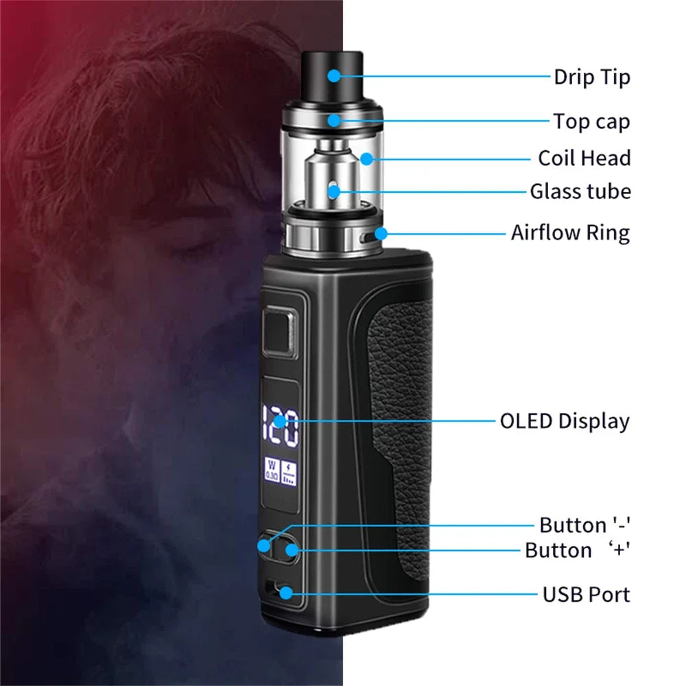 120W Vape Box Mod Kit Sigaretta elettronica Vaper 1800mah Batteria incorporata Serbatoio da 2.0ml Schermo OLED Vaporizzatore E5 120w Vape Box Mod