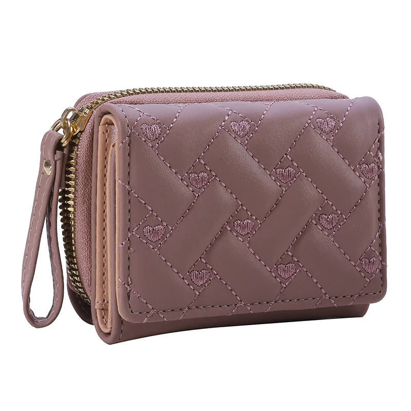 Portafoglio da donna per pelle PU moda ricamato amore tri-fold piccolo portafoglio porta carte portamonete multi-slot per carte interno rosa