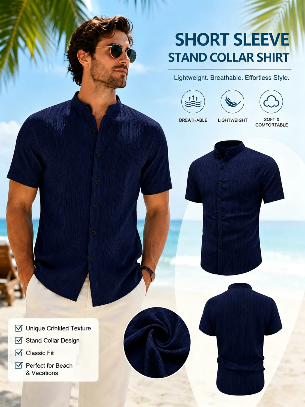 Set di 3 Camicie da Uomo alla Moda, Casual, Manica Corta, Colletto Rialzato, Bottoni, per Estate e Vacanze al Mare