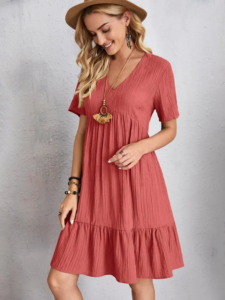 Elegante solido scollo A V A Line Dress 2024 nuova estate Ruffles allentato Mini abito Casual manica corta Beach Party Vestidos Streetwear