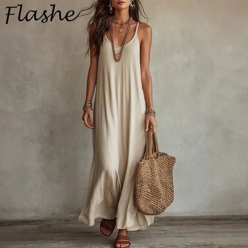 Nuovo Arrivo: Abito Lungo Senza Spalline da Donna, Vestito Casual con Collo a O Senza Maniche, Abito Ampio da Spiaggia e Vacanza, Vestito Lungo Boho