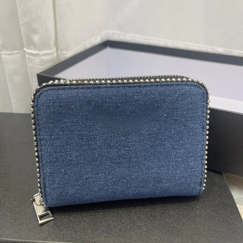 Nuovo Portafoglio da Donna ZV in PU con Catena Metallica, Porta Carte, Pochette in Denim, Portamonete, Portafoglio Piccolo