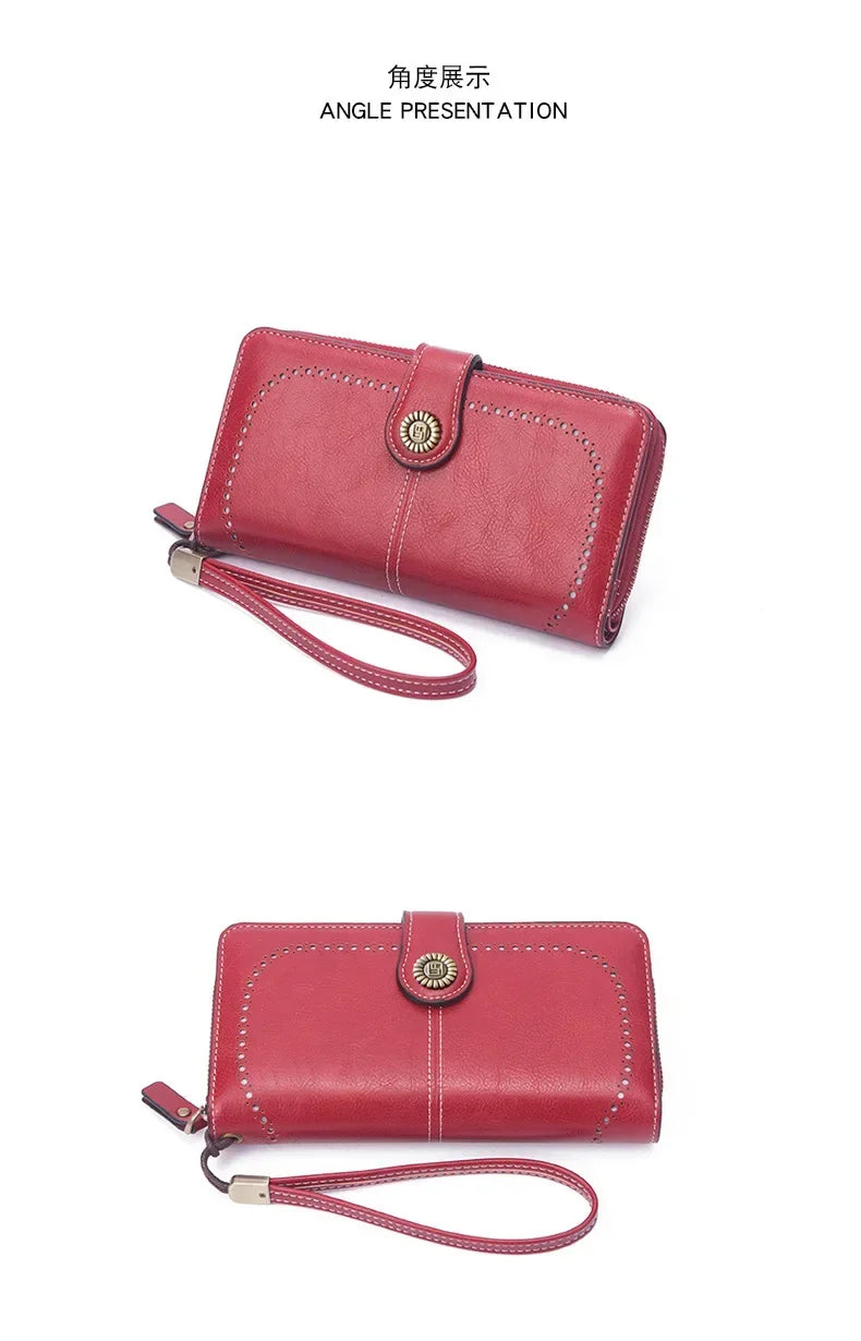 Portafoglio da donna di alta qualità, antifurto, in pelle, con cerniera lunga, grande, pochette da donna, porta carte.
