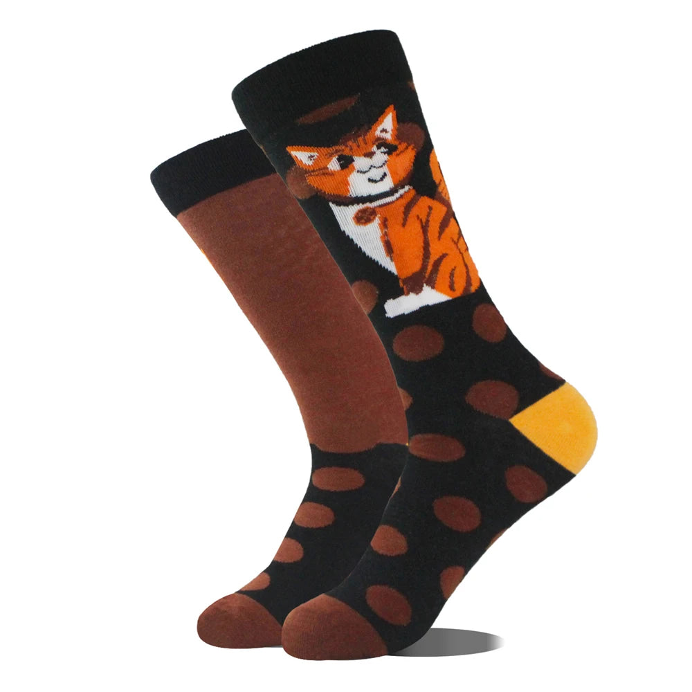 1 Pair Combed Cotton Socks Men Novelty AB Asymmetry Funny Skateboard Men's Mid Length Animal Print Socks Harajuku Happy Socks