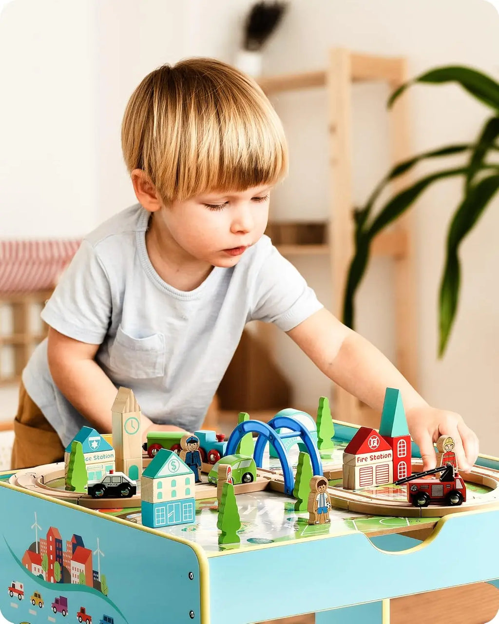 Tavolo da treno in legno, tavolo da attività 2 in 1 per bambini, set di treni in legno con scatola portaoggetti, regalo per bambini piccoli, ragazzi e ragazze