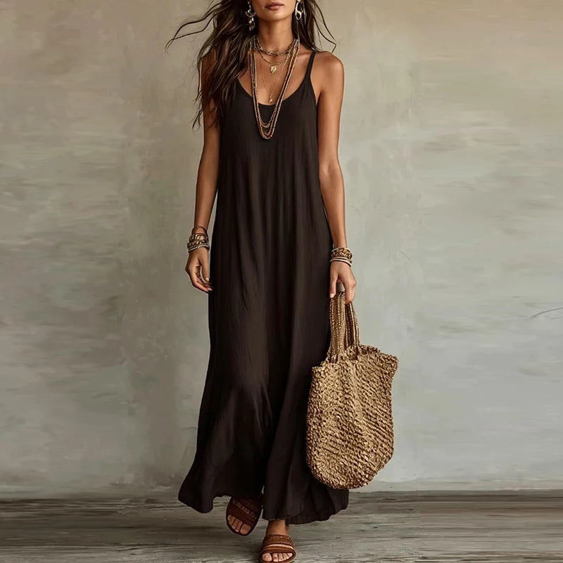 Nuovo Arrivo: Abito Lungo Senza Spalline da Donna, Vestito Casual con Collo a O Senza Maniche, Abito Ampio da Spiaggia e Vacanza, Vestito Lungo Boho