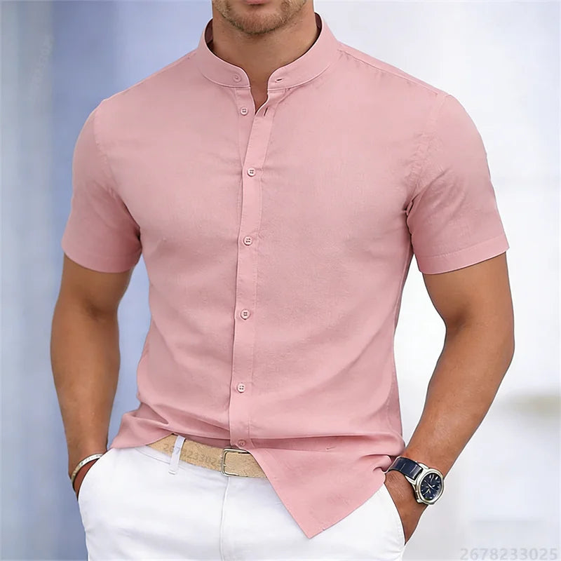 Camicia da uomo a maniche corte con colletto rialzato, bianca o nera, tinta unita, vestibilità slim, top da uomo business casual, taglie XS-6XL.