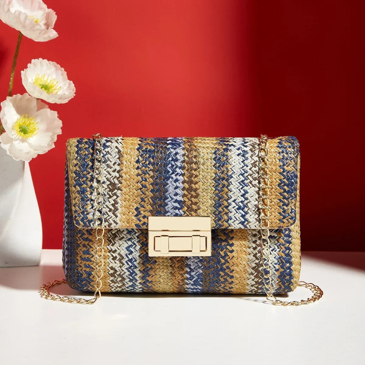 Borsa a mano con pochette in paglia a righe multicolori per donna Borsa a tracolla a tracolla con tracolla da spiaggia estiva in tessuto casual in pelle PU