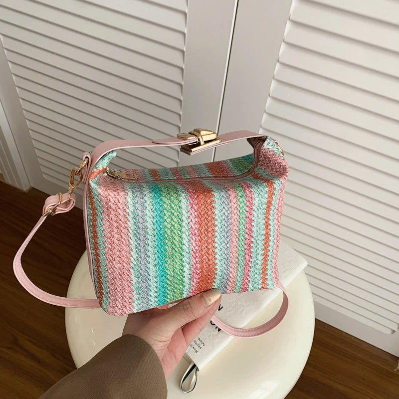 Borsa a tracolla a tracolla in tessuto colorato, borsa a tracolla da donna in stile etnico con griglia di colore a contrasto arcobaleno, pochette in paglia di rafia Boho
