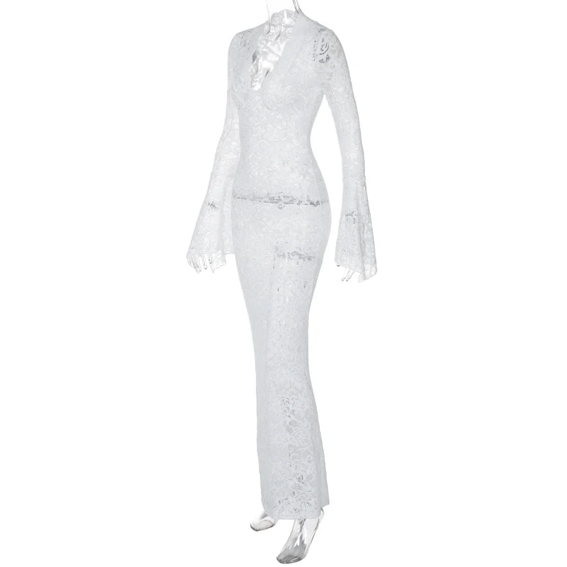 Hugcitar Maglia con stampa floreale Scollo a V Manica lunga svasata Abito lungo trasparente sexy Primavera Abiti moda donna Vacanza al mare Club
