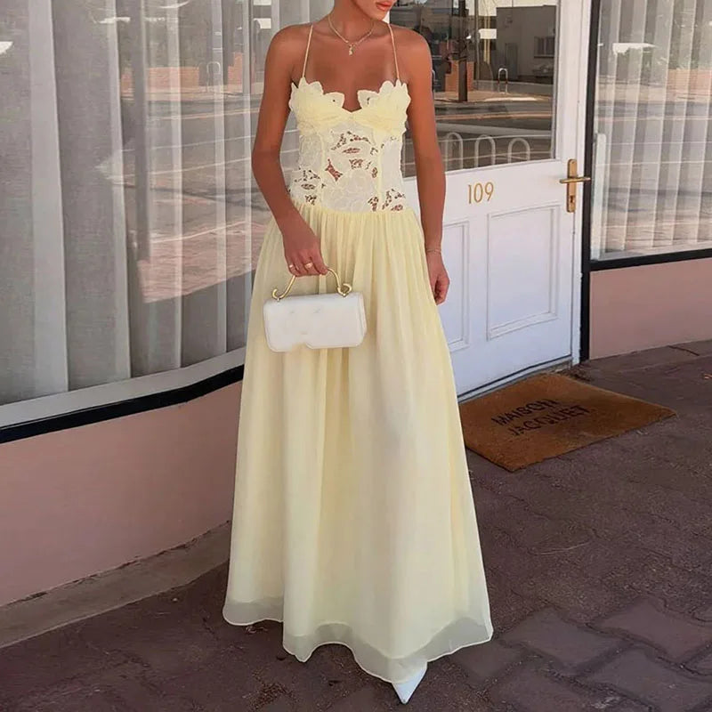 Abito Lungo Estivo Casual in Chiffon con Bretelle, Scollo a V Profondo, Senza Maniche, con Inserti in Pizzo, per Spiaggia e Feste, Primavera Estate