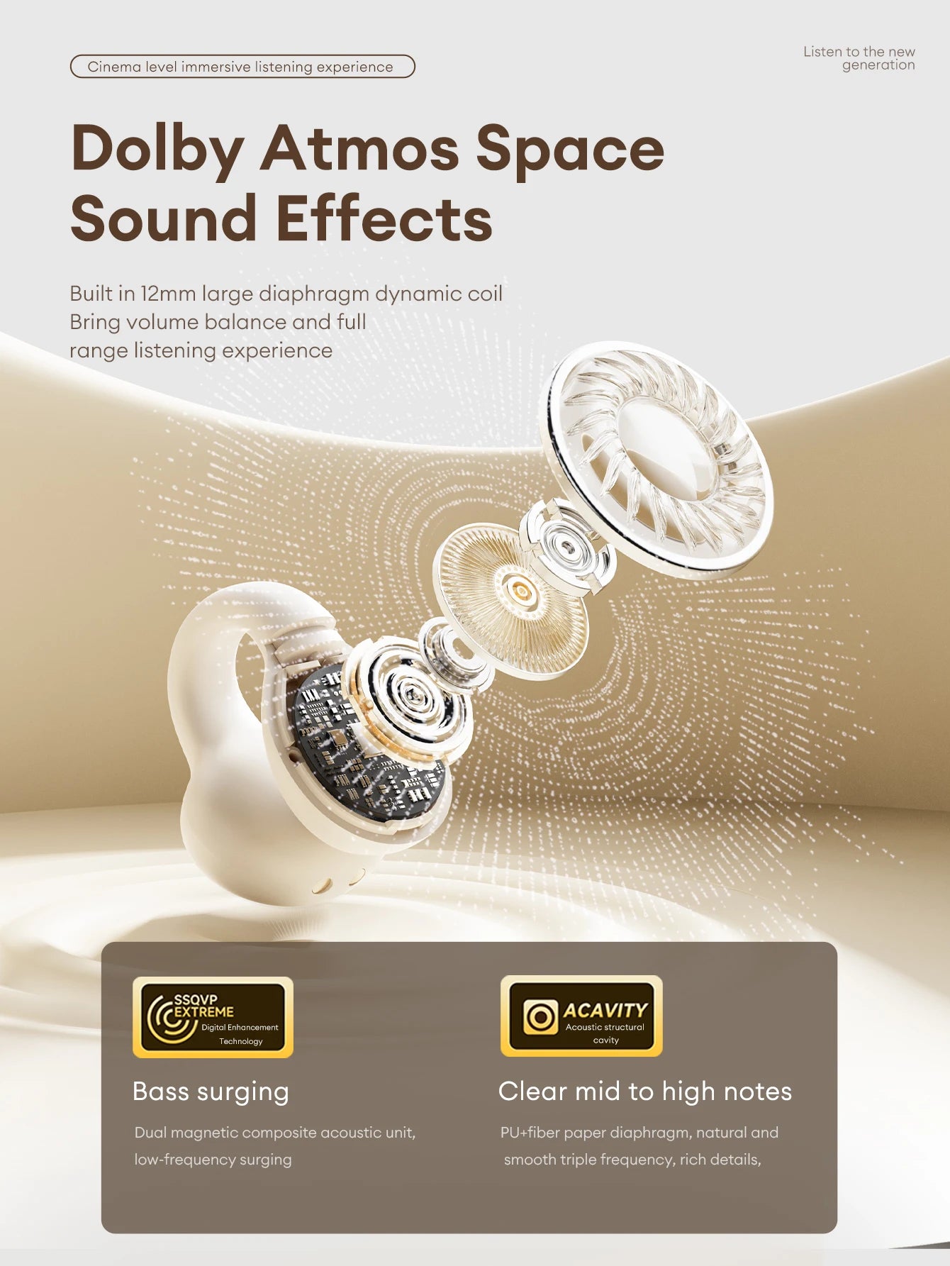 Nuove cuffie Bluetooth wireless Lenovo LP25 OWS con clip per l'orecchio, cuffie da gioco a lunga durata della batteria, auricolari con audio surround HIFI e microfono
