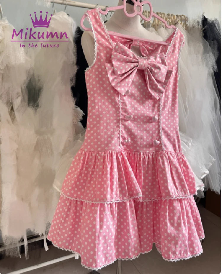 Mikumn giapponese Kawaii Lolita stile cinturino abito Harajuku dolce fiocco rosa stampa a pois mini abito donna ragazza Y2k mini abito da festa