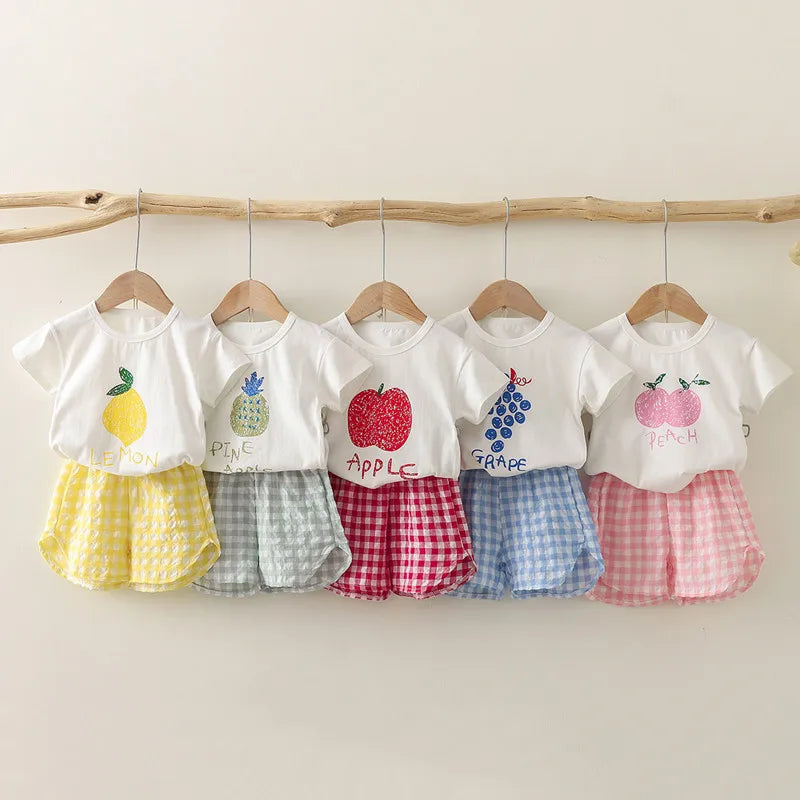 Set di Moda 2 Pezzi per Bambina con Stampa Frutta, T-shirt a Maniche Corte + Pantaloncini a Quadri, Abbigliamento Principessa per Bambini 0-6 Anni