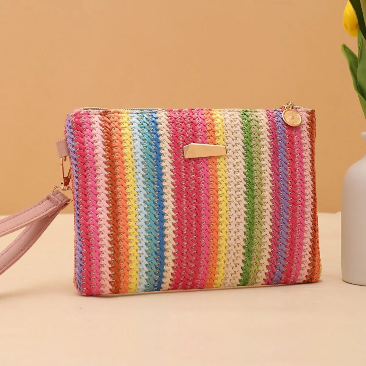 Borsa intrecciata di paglia colorata onda borsa da donna con pochette a scatto borsa da spiaggia estiva borsa intrecciata a mano borsa per cellulare portafoglio femminile