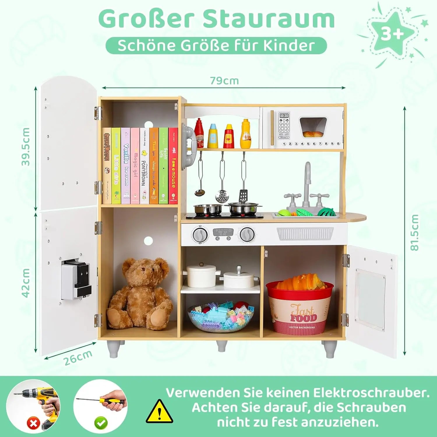 Set da cucina per bambini piccoli, set da gioco da cucina giocattolo in legno con veri luci e suoni, frigorifero a doppia porta, produttore di ghiaccio e pentole