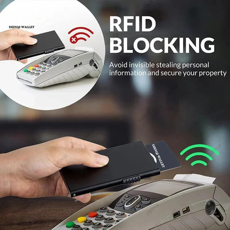 Portafoglio intelligente Rfid Porta carte di credito Portafogli da donna sottili e sottili in metallo Portafoglio minimalista pop-up Piccola borsa nera Vallet in metallo