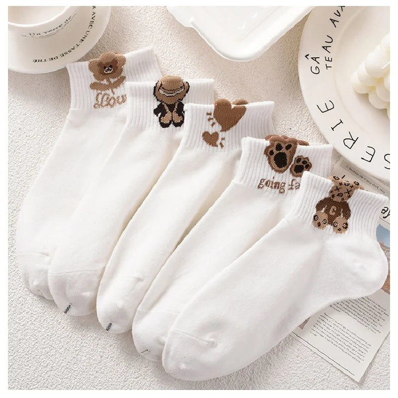 5 paia di calzini da donna con motivo orsetto di peluche, versatili, alla moda, creativi, traspiranti, comodi, casual