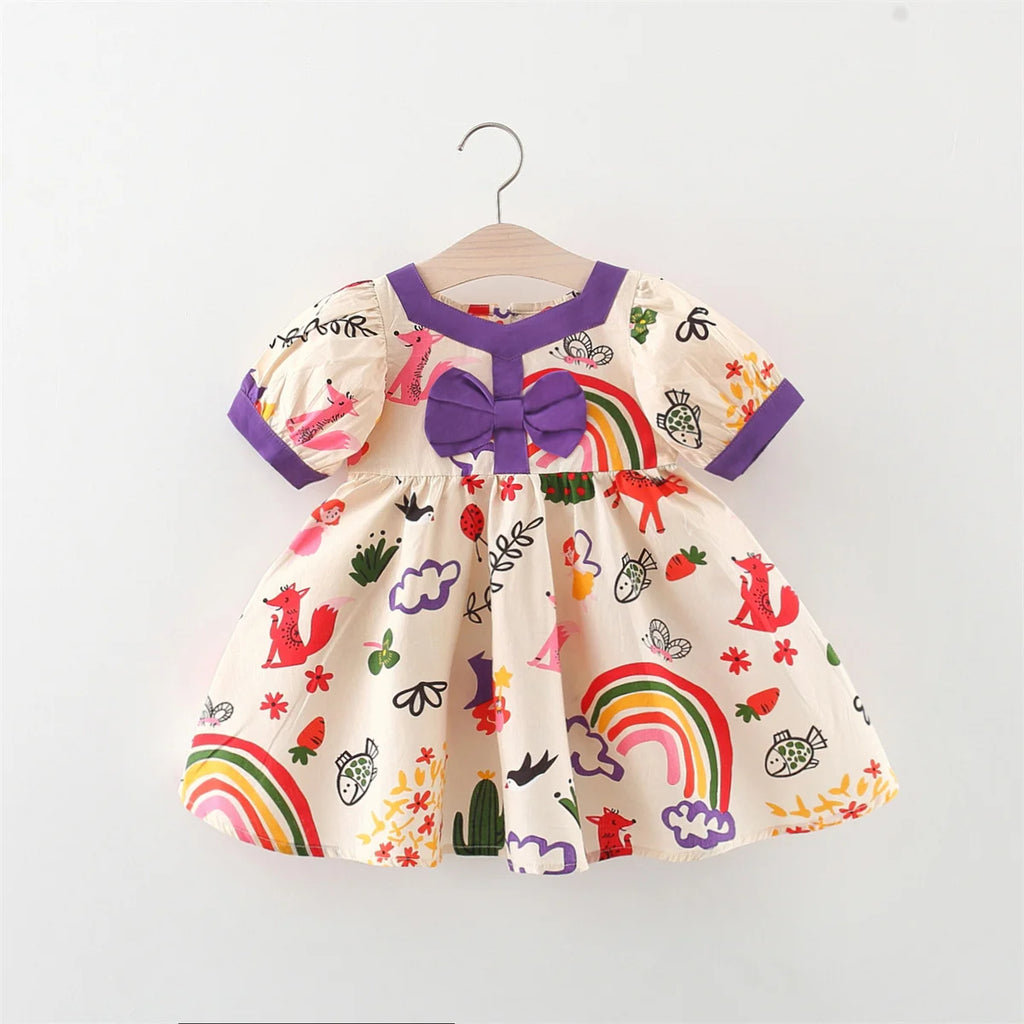 Abito da ragazza di 0-3 anni, decorazione estiva con fiocco con stampa animalier arcobaleno a cartoni animati, gonna ampia a maniche corte