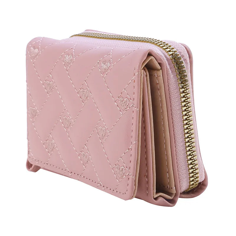Portafoglio da donna per pelle PU moda ricamato amore tri-fold piccolo portafoglio porta carte portamonete multi-slot per carte interno rosa