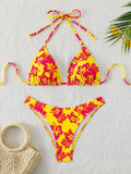 Costume da bagno estivo da donna sexy a vita alta con stampa floreale retrò in 2 pezzi con lacci
