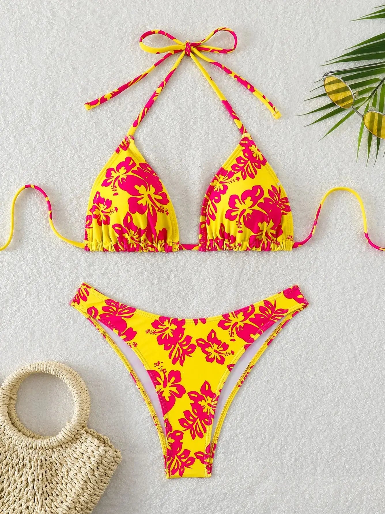 Costume da bagno estivo da donna sexy a vita alta con stampa floreale retrò in 2 pezzi con lacci