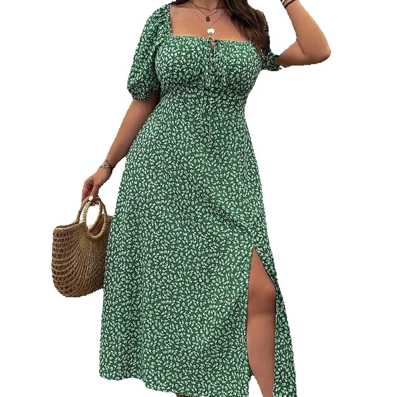 【Plus Size】Abito con scollo quadrato con stampa floreale Ditsy, abito casual alla moda a maniche lunghe per l'uso quotidiano all'aperto, abbigliamento da donna plus size
