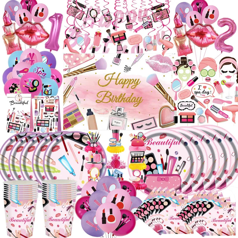 Trucco Tema Compleanno Stoviglie usa e getta Bicchieri di piatti di carta per trucco spa Ragazza Festa Rossetto Labbra rosse Palloncino Regalo di San Valentino