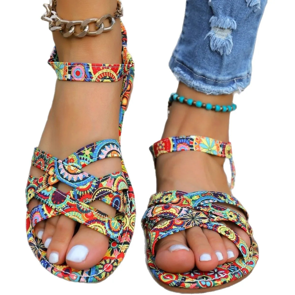 Ciabatte Etniche Traspiranti Stampate Stile Romano a Punta Aperta con Fondo Piatto, Scarpe Slip-On alla Moda per il Commercio Transfrontaliero