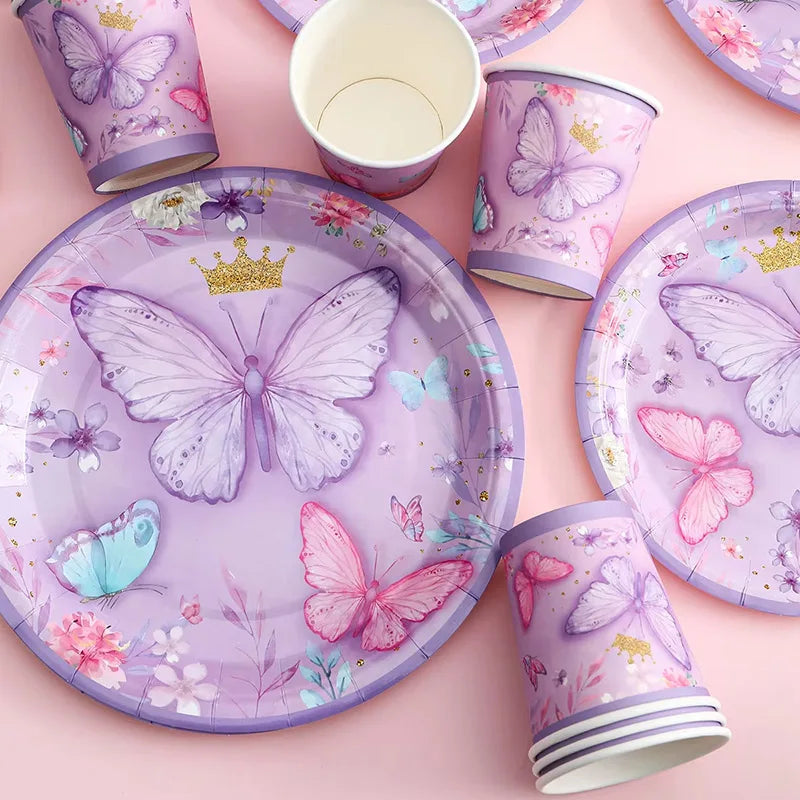 Decorazione per feste con farfalla viola, piatti di carta usa e getta, tovaglioli, tazze, set di stoviglie in paglia per la festa di compleanno con farfalla