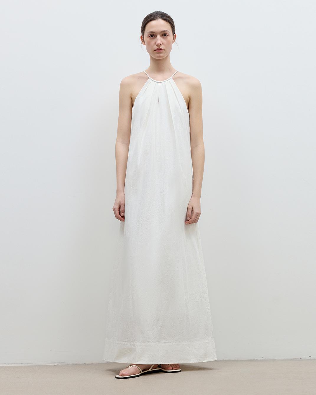 Abito Lungo Estivo Minimalista Collo Halter Con Scollo A V Plissettato