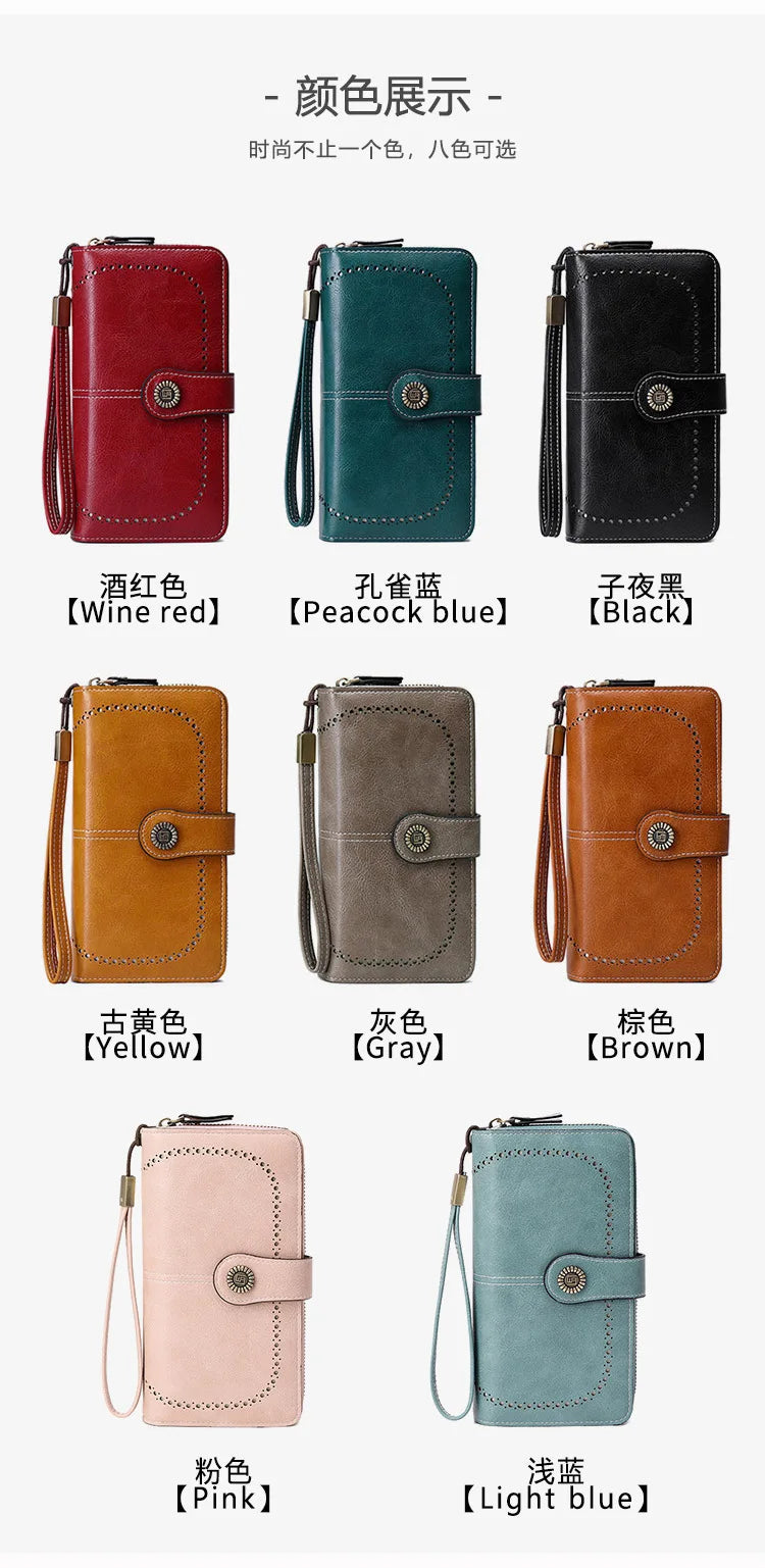 Borsa a mano in pelle cerata con blocco RFID, porta carte di credito multifunzionale a doppia piega, portafoglio da donna lungo retrò di grande capacità