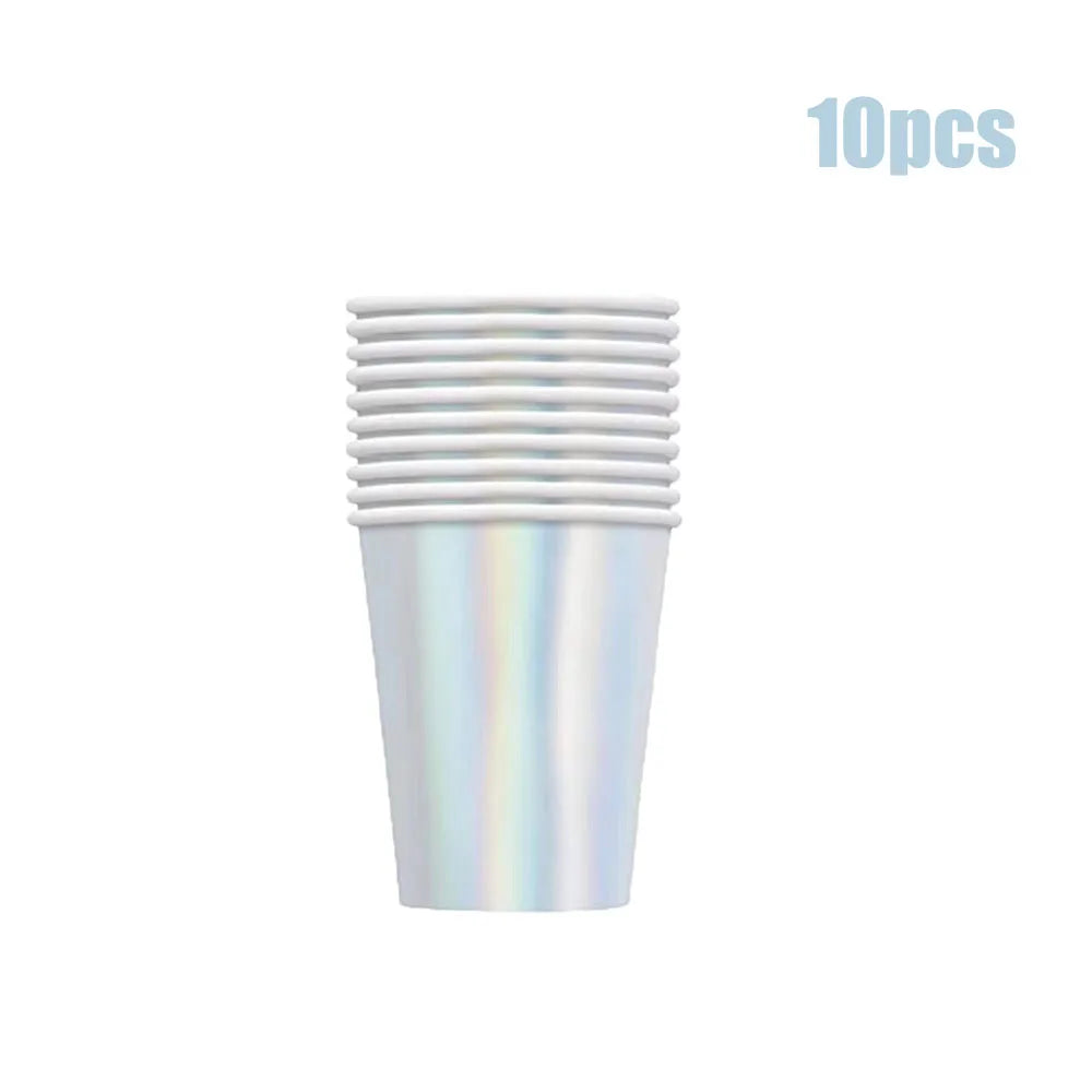 Set di stoviglie usa e getta laser Bicchieri di carta per feste in argento Piatti di carta Stoviglie per feste in paglia Decorazioni per matrimoni Forniture per feste di compleanno
