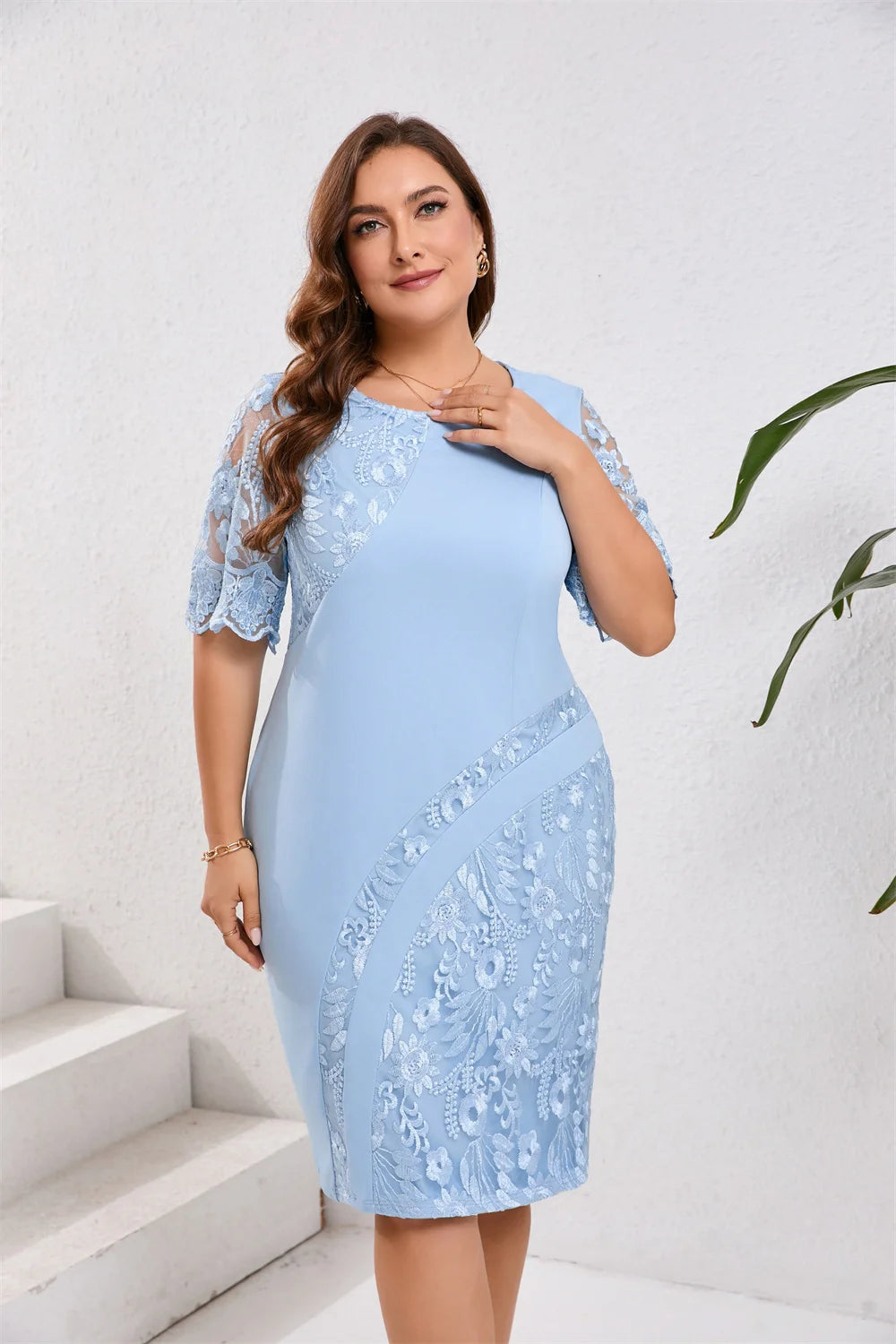 GIBSIE Plus Size Pizzo ricamato Mezza manica O-Collo Abito da donna Estate Autunno Cocktail Party Elegante aderente Abiti longuette