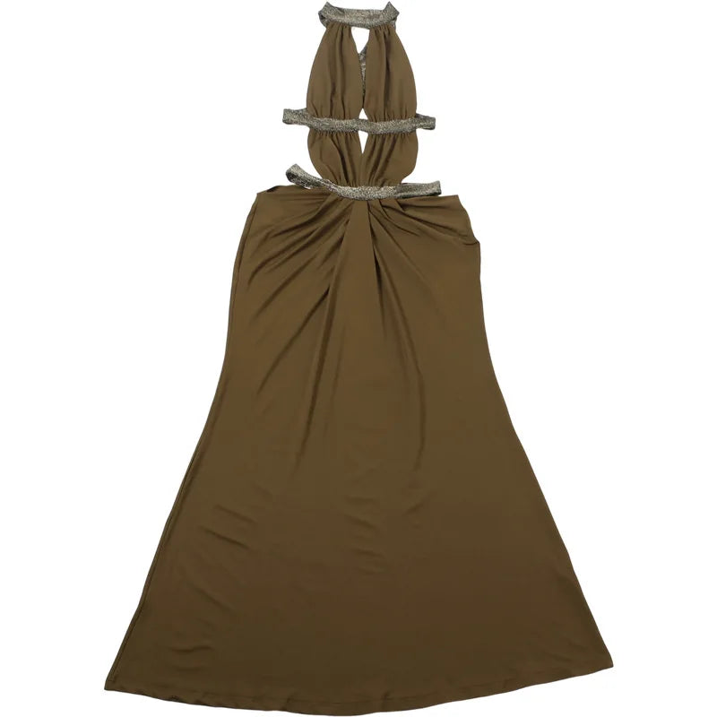 Abito lungo da donna sexy Halter scava fuori senza schienale senza maniche increspato abiti lunghi da sera Party Chic Robe verde viola estivo