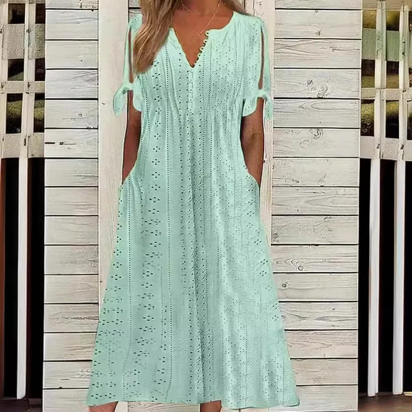 Abito Midi Estivo da Donna Boho con Occhielli e Spalle Scoperte, Maniche Corte, Scollo a V, Bottoni, Vestibilità Ampia, Stile Casual a Trapezio con Tasche