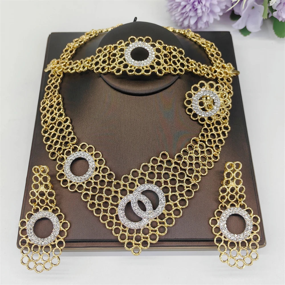 African Costume Jewelry Sets Gold Color Crystal Wedding Women Bridal Accessories nigerian Flower Pattern Necklace Set