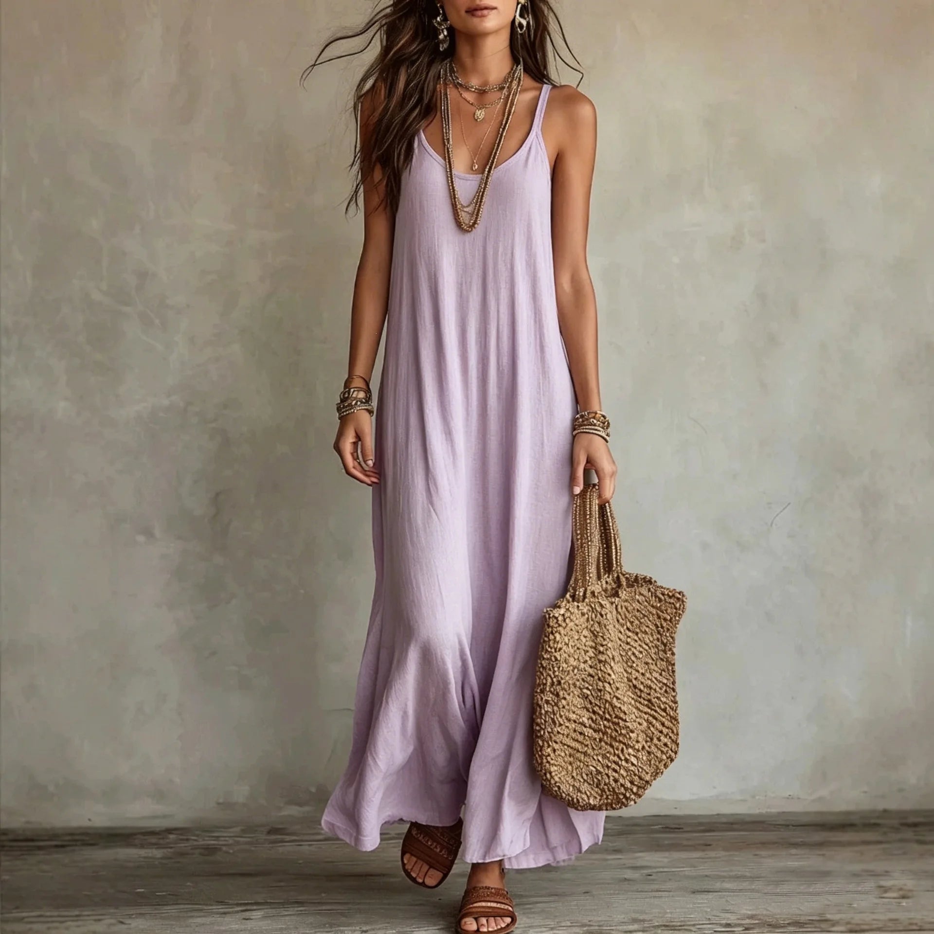 Nuovo Arrivo: Abito Lungo Senza Spalline da Donna, Vestito Casual con Collo a O Senza Maniche, Abito Ampio da Spiaggia e Vacanza, Vestito Lungo Boho