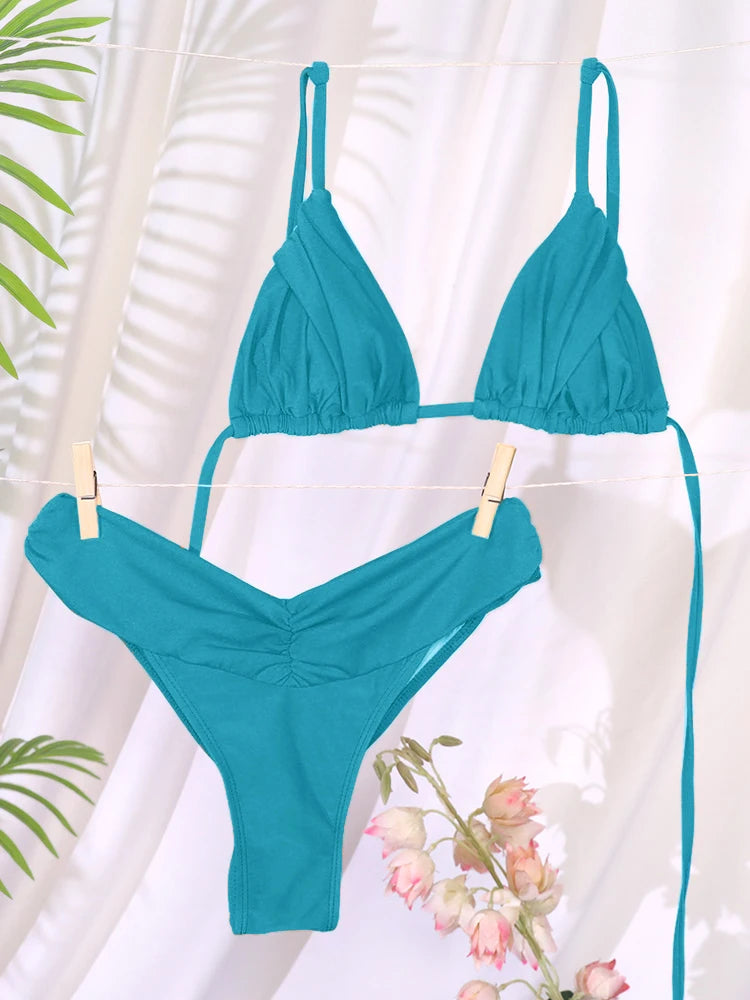 Costume da bagno bikini con pieghe sexy Micro bikini solido Costume da bagno donna Triangolo femminile Costume da bagno da spiaggia