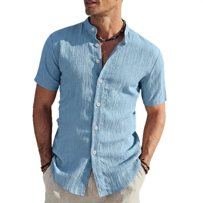 Camicia da uomo a maniche corte con colletto rialzato, testurizzata, traspirante, casual, estiva